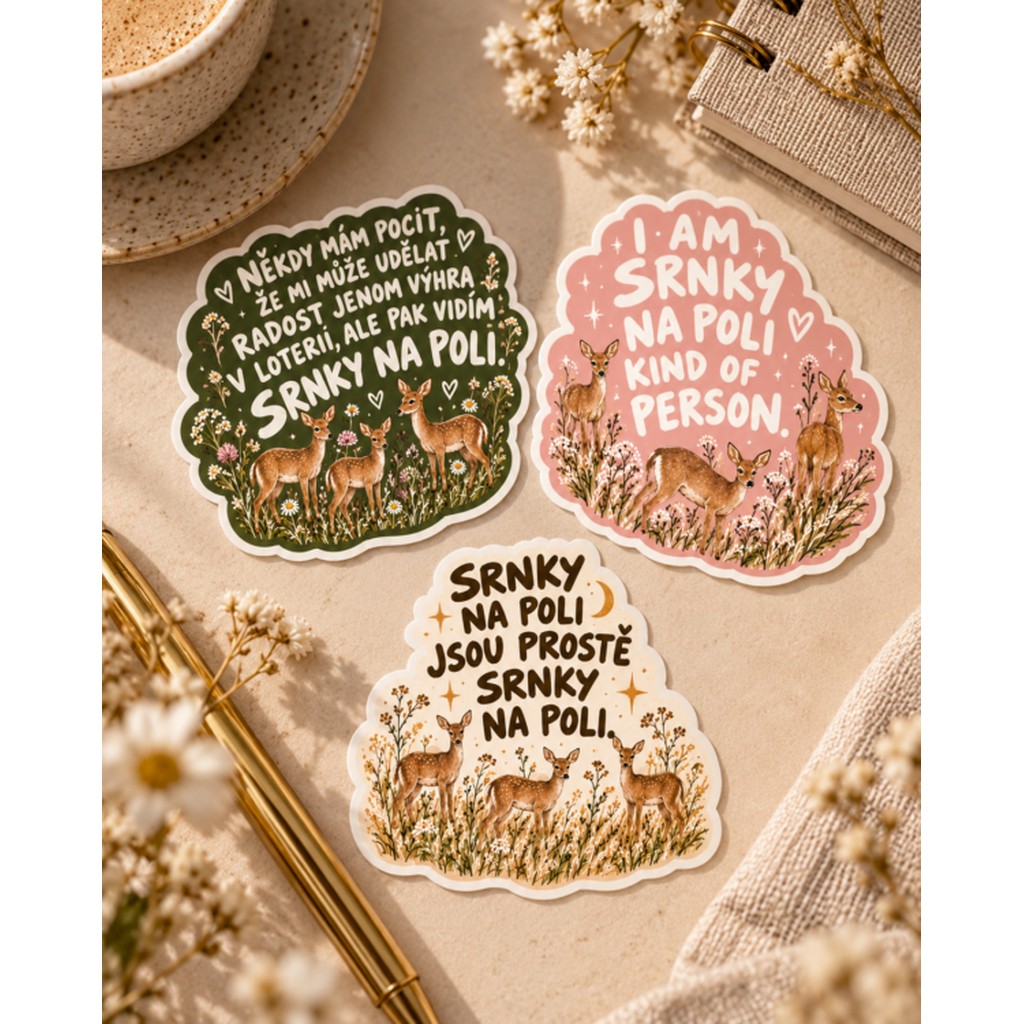 Set 3 vinylových samolepek Srnky na poli (držej jak pes)